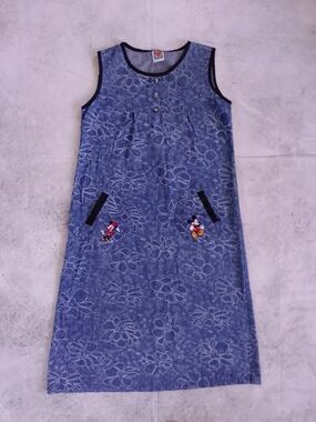 Vintage Disney Mickey Unlimited Denim Floral Pattern Dress with Embroidered Mick
